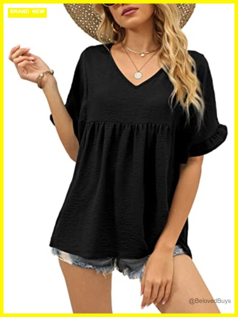Womens V Neck Ruffle Sleeve T Shirt Peplum Babydoll Loose Fit Top